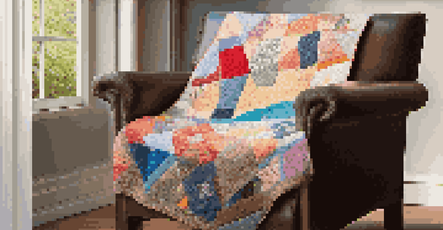 A finished quilt on a rustic wooden chair in a sunlit room, showcasing colorful patterns and well-finished binding, with sunlight streaming through a window.