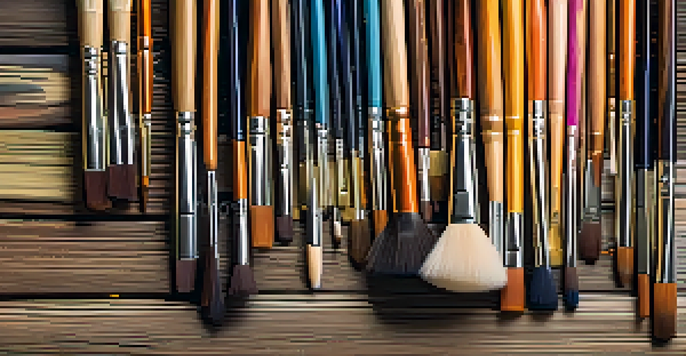 A variety of artist brushes on a wooden palette, showcasing different shapes and sizes in soft light.