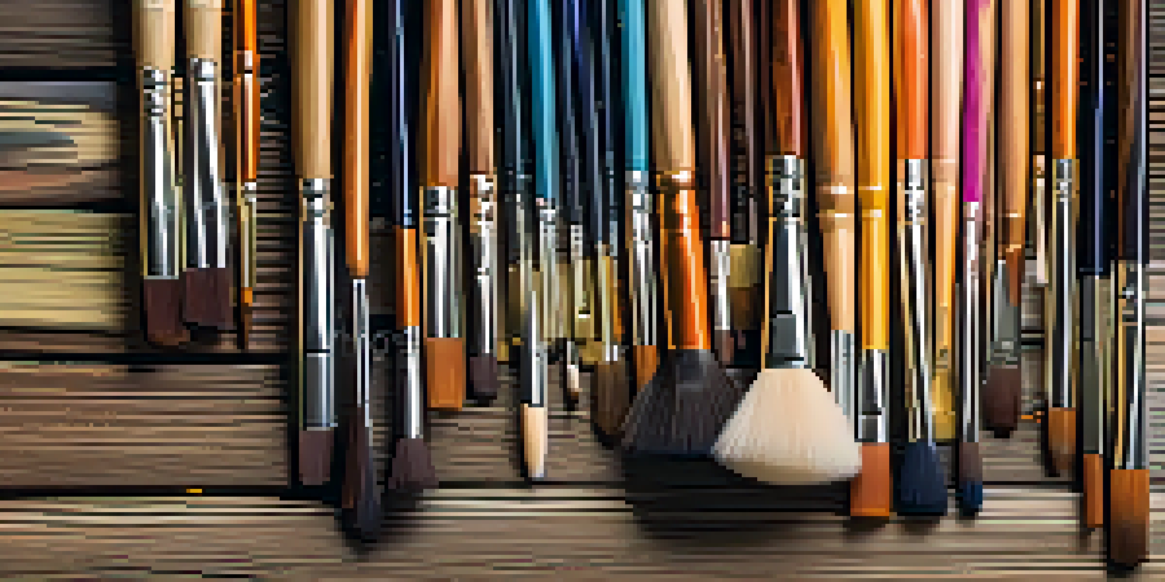 A variety of artist brushes on a wooden palette, showcasing different shapes and sizes in soft light.