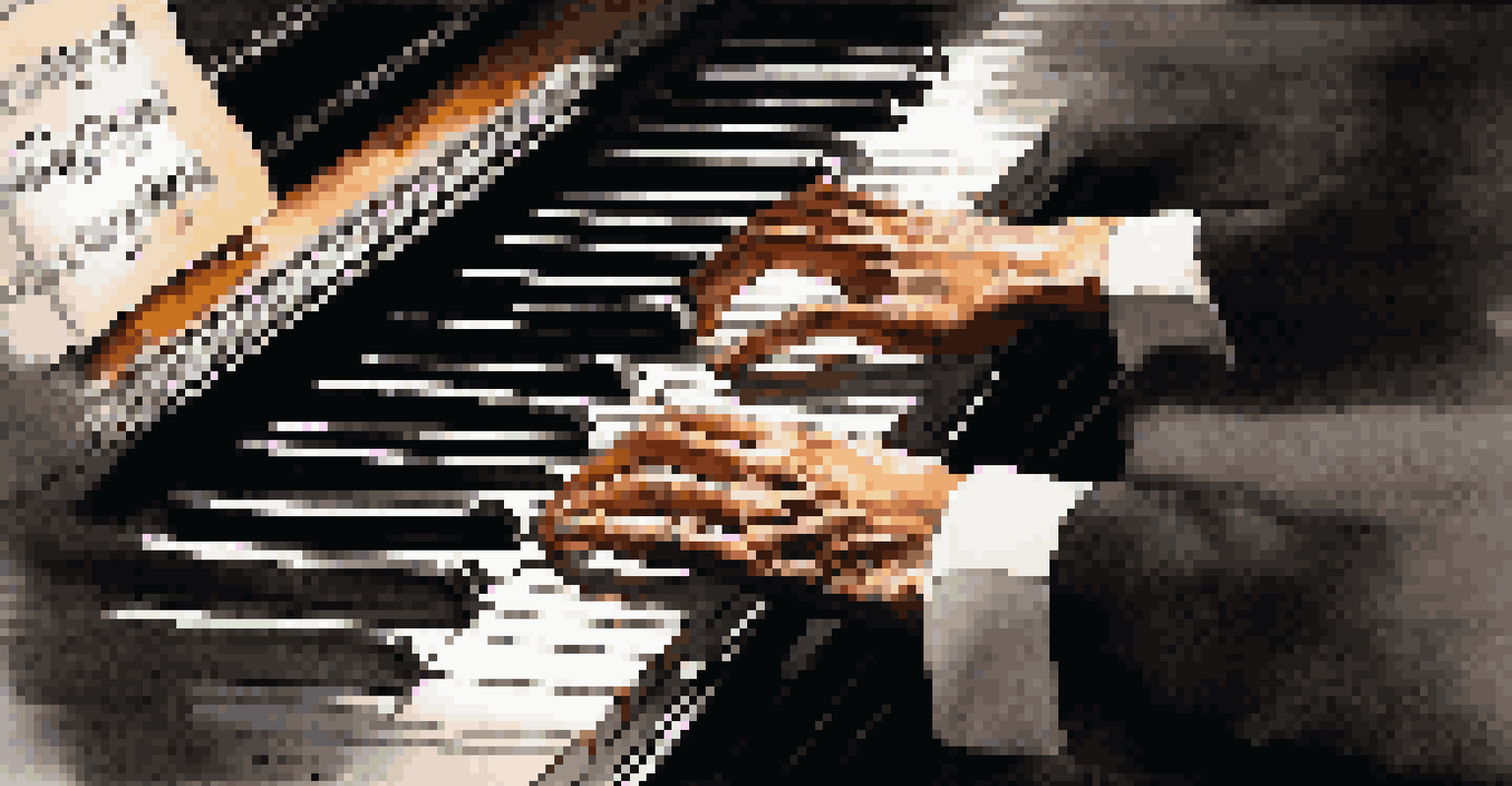 Close-up of a pianist's hands playing a grand piano with sheet music visible in the foreground.