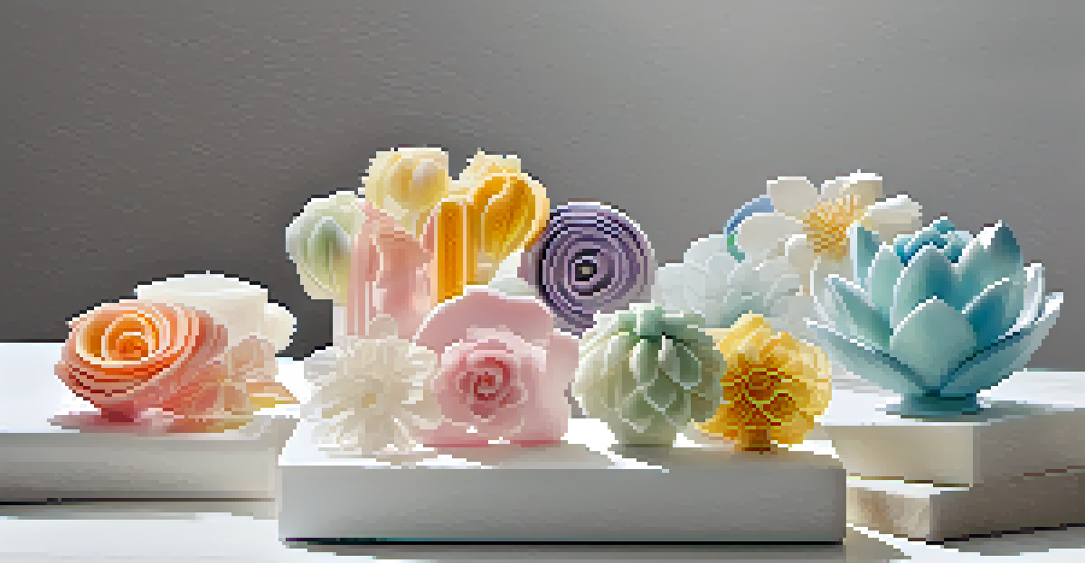 A collection of beautifully crafted soap sculptures displayed on a table, featuring intricate designs and bright colors.