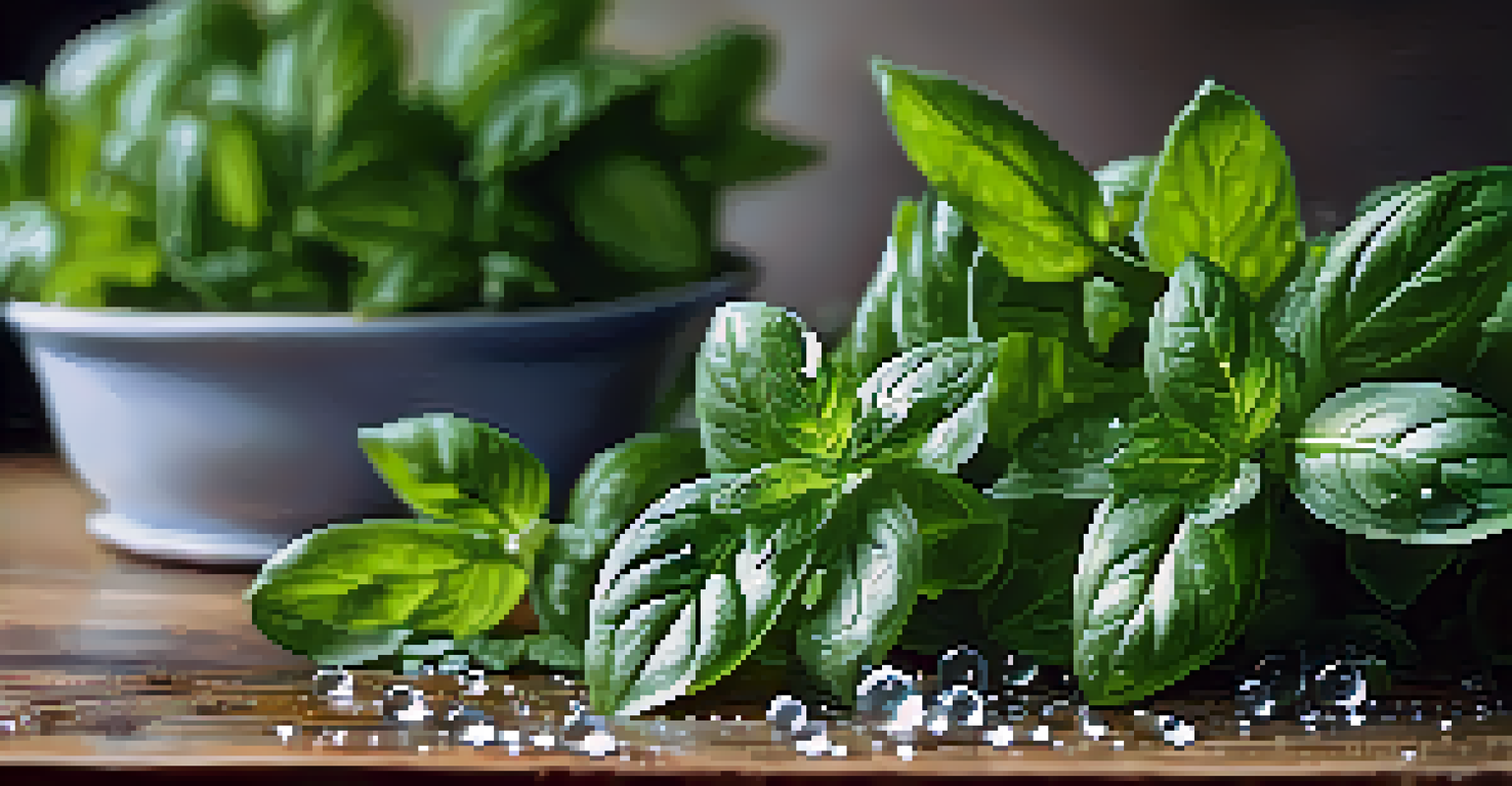 Close-up of freshly harvested basil and mint leaves on a wooden table with water droplets.