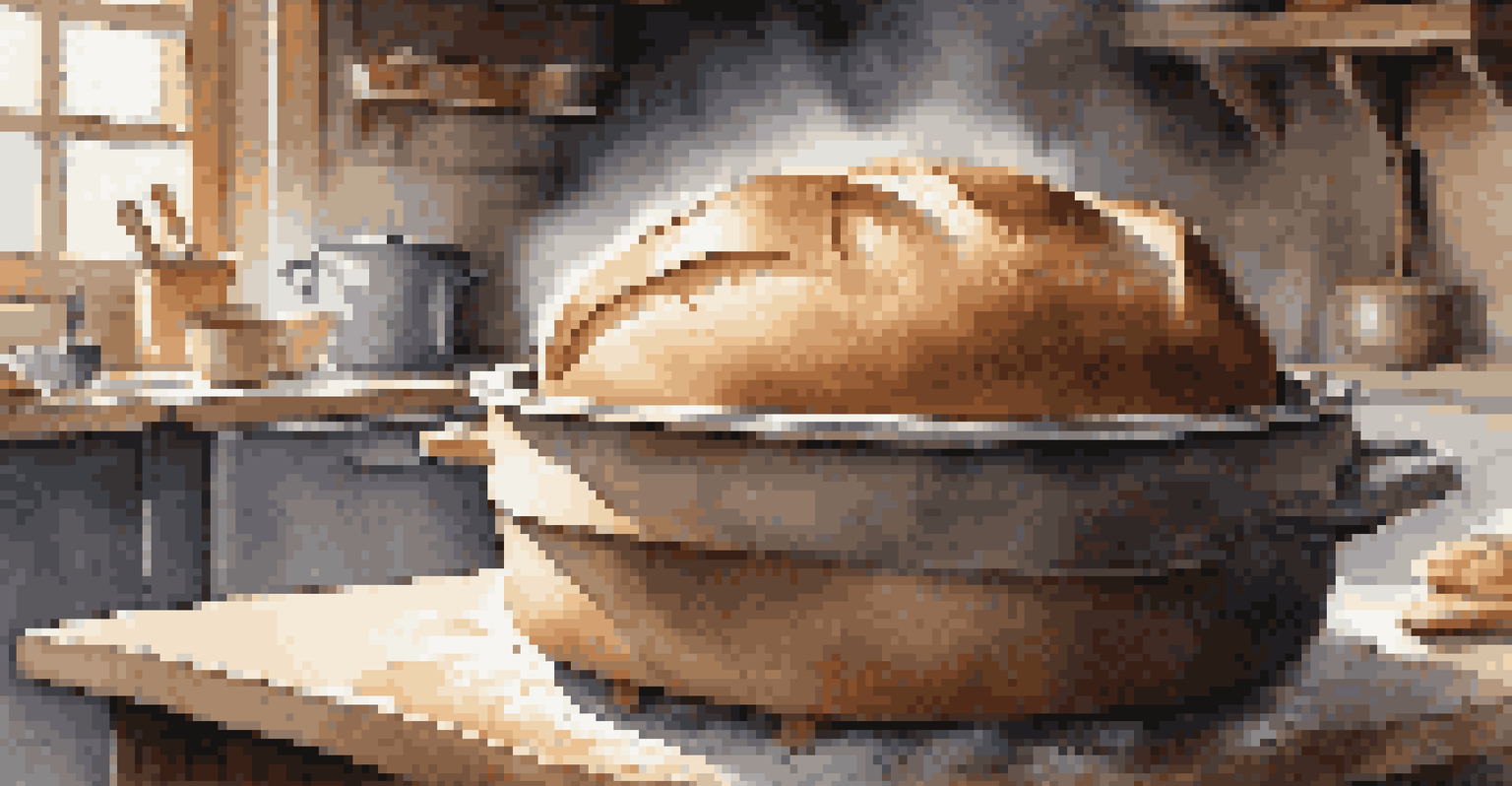 A loaf of bread in a Dutch oven, ready to be baked, with steam rising and a cozy kitchen background.