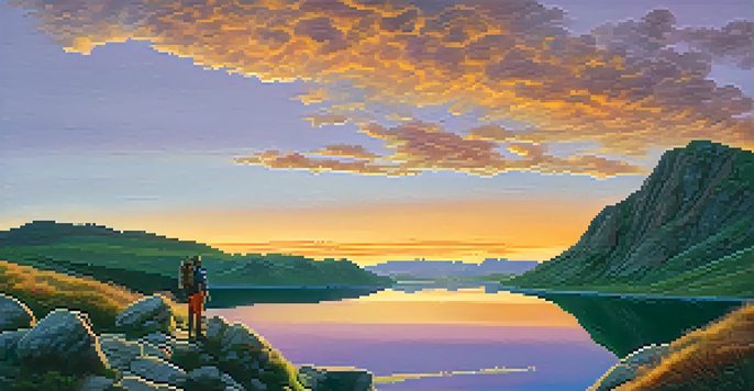 A hiker on a rocky outcrop at sunset, holding a compass and topographic map with a lake and mountains in the background.