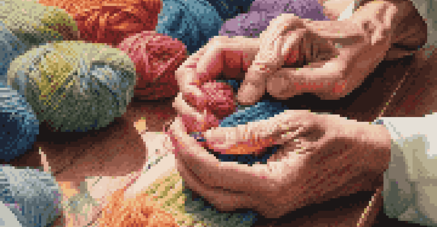 Close-up of hands joining colorful yarns in a cozy crafting space with natural light.