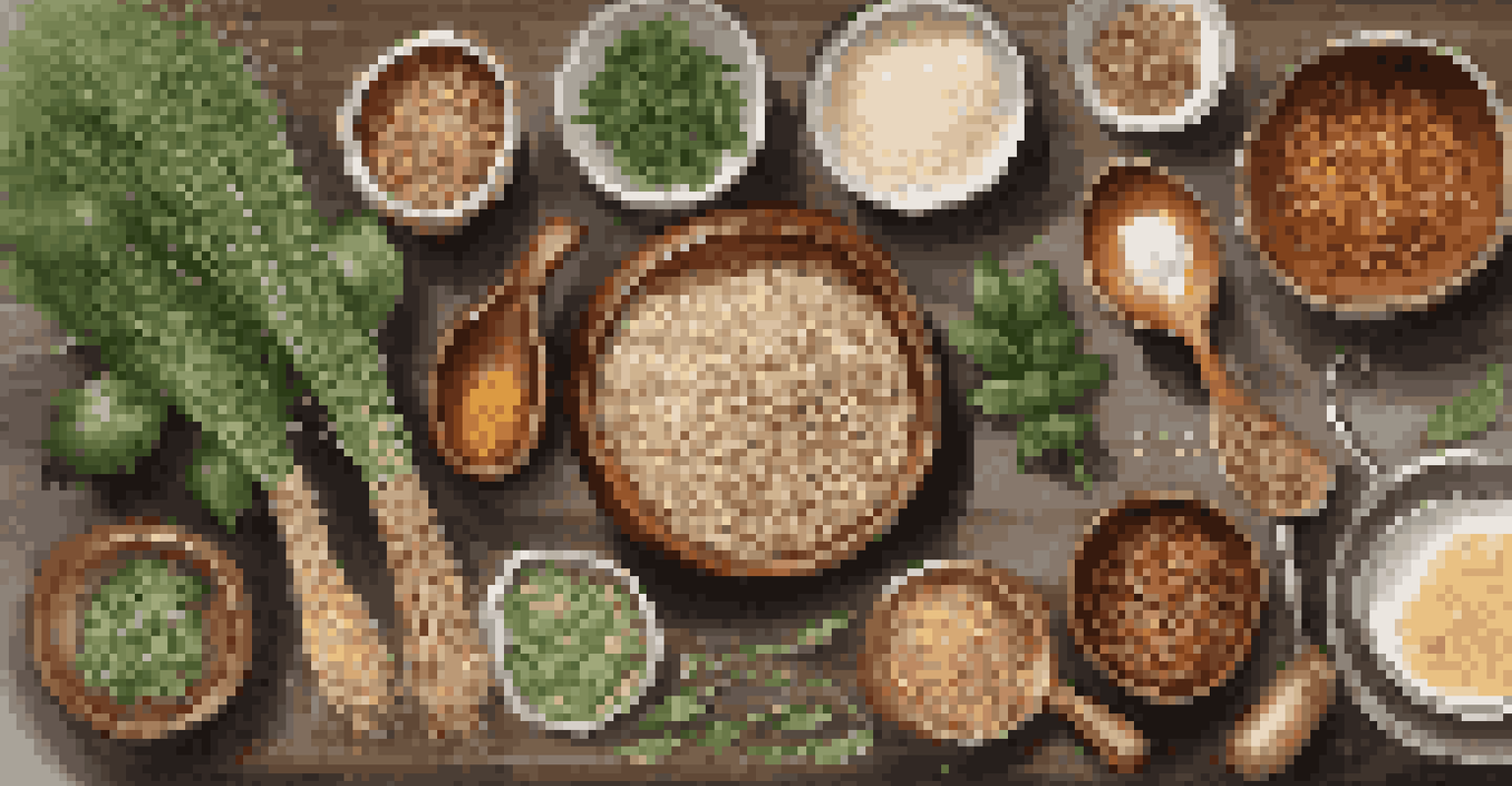 An overhead view of different grains in jars, surrounded by herbs and spices on a kitchen surface.