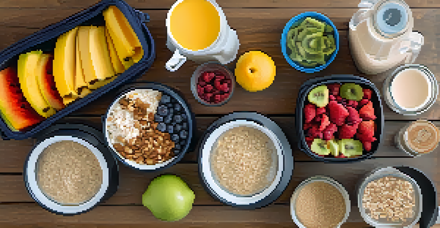 An overhead view of meal prep for climbers with colorful containers of oatmeal, turkey wrap, and a protein shake on a table.