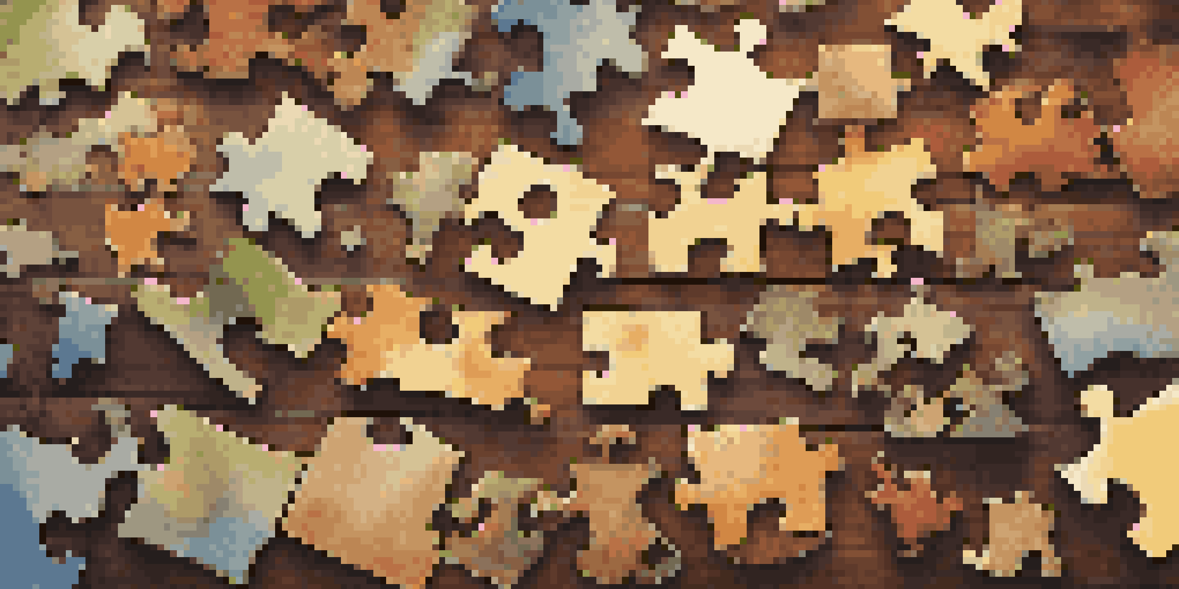 A close-up view of various puzzle pieces on a wooden table, showcasing different shapes and unique designs.