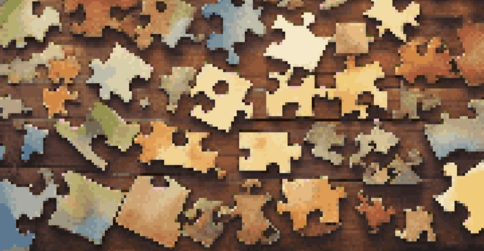 A close-up view of various puzzle pieces on a wooden table, showcasing different shapes and unique designs.