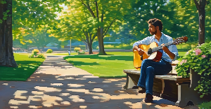 A musician playing classical guitar in a sunlit park surrounded by trees and flowers.