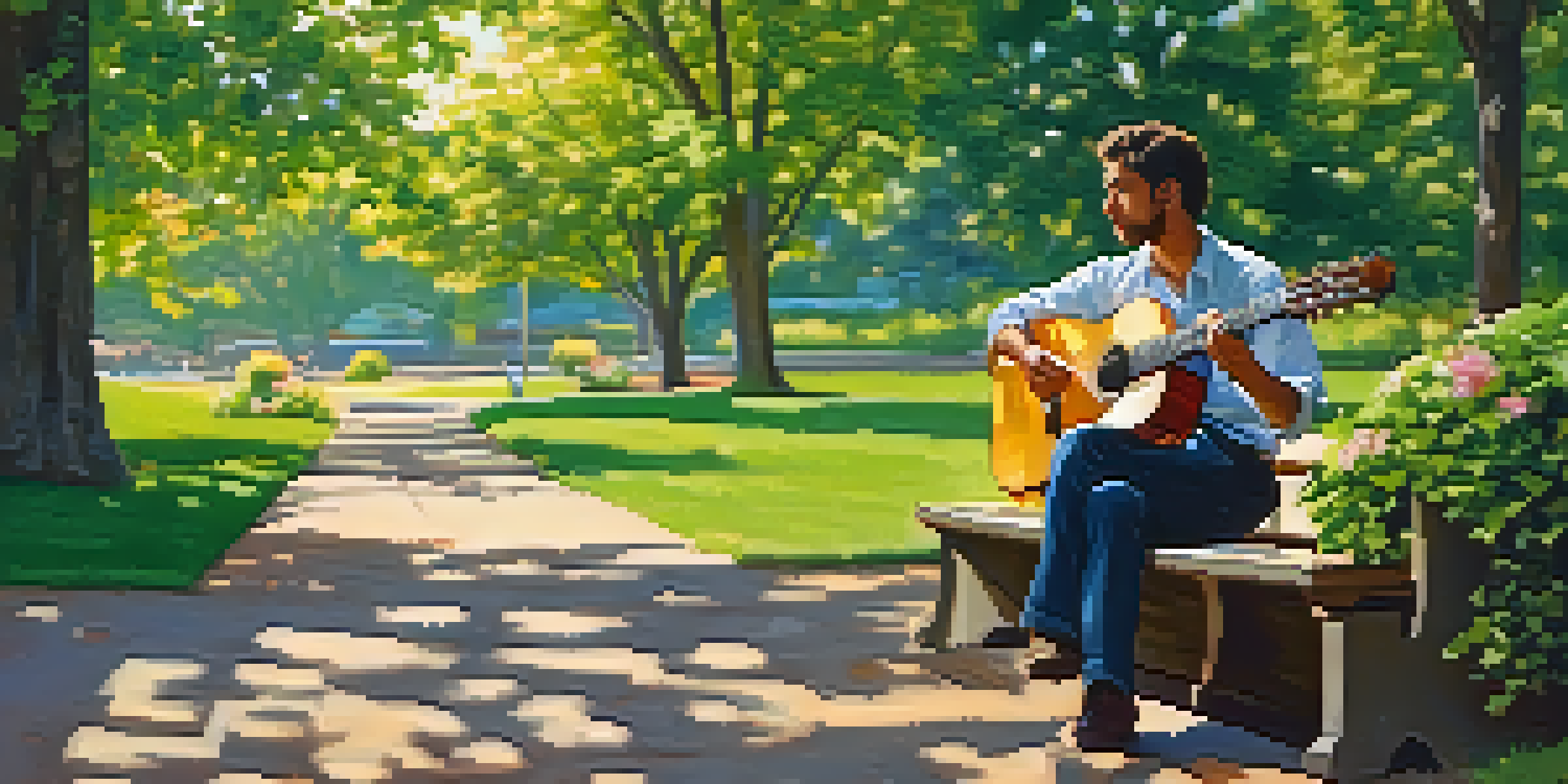 A musician playing classical guitar in a sunlit park surrounded by trees and flowers.