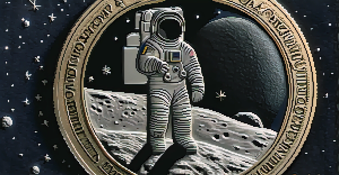 A detailed view of a commemorative coin featuring an astronaut on the moon, with a dark velvet background and soft lighting.