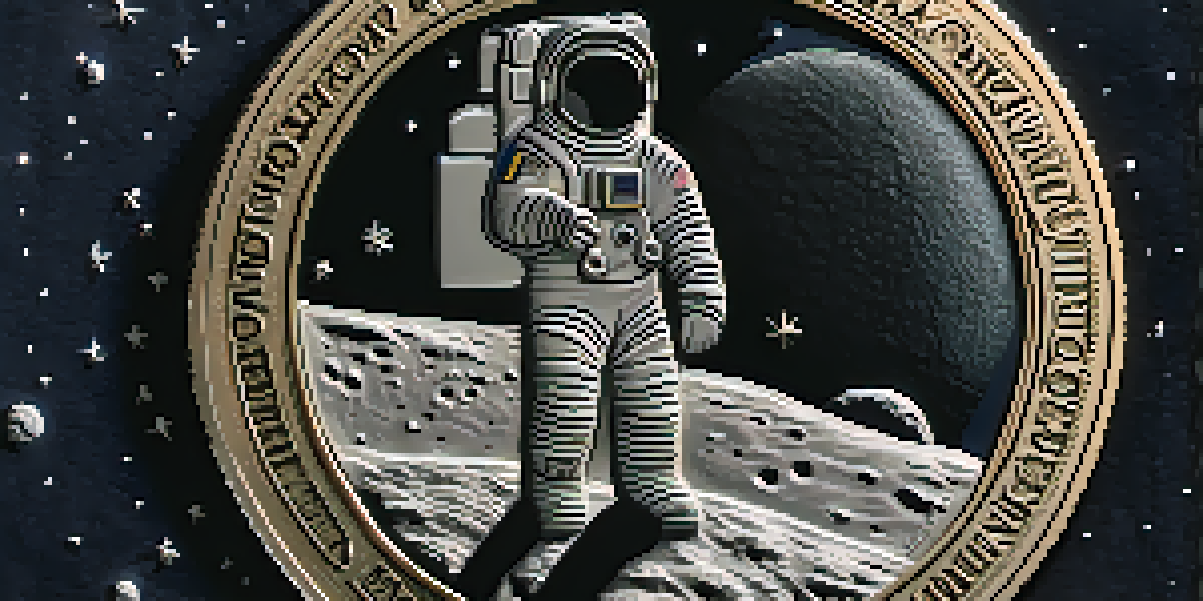A detailed view of a commemorative coin featuring an astronaut on the moon, with a dark velvet background and soft lighting.