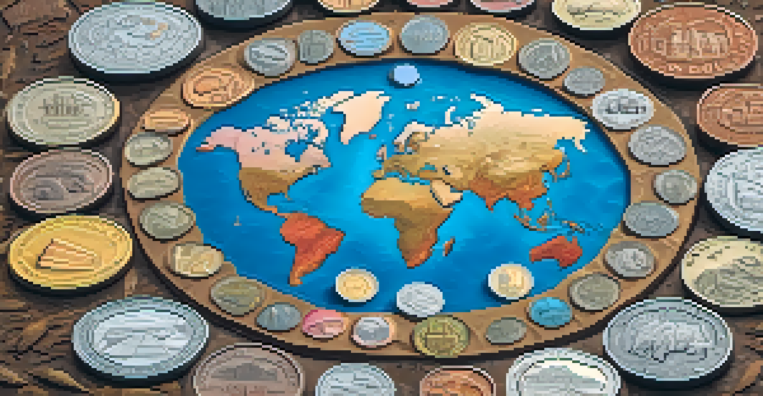 A circular arrangement of diverse coins from around the world, displaying cultural symbols against a soft earth-toned map background.