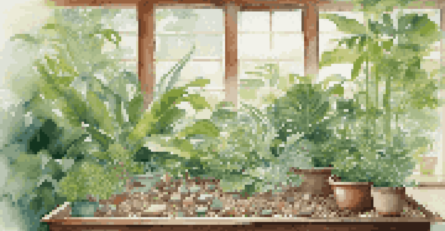 A serene indoor garden with a humidity tray and tropical plants, illuminated by natural light.