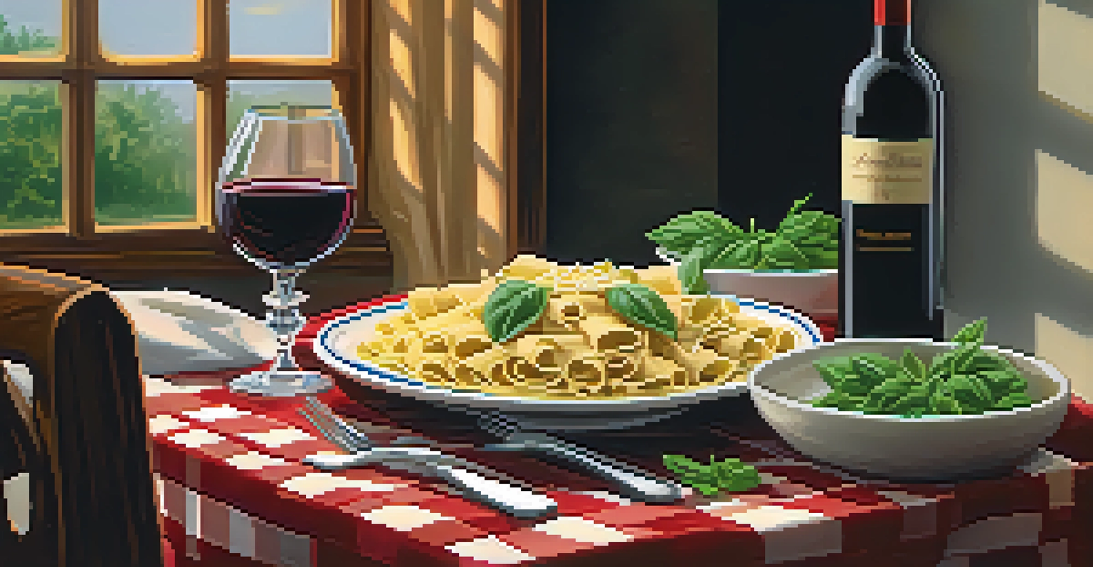 An elegant Italian dining table set with homemade pasta, fresh basil, and a bottle of red wine, softly illuminated by candlelight.