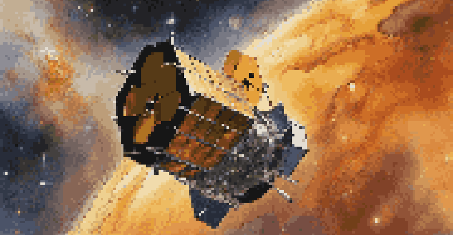 An artistic depiction of the James Webb Space Telescope in space, surrounded by a cosmic scene filled with vibrant nebulae and galaxies.