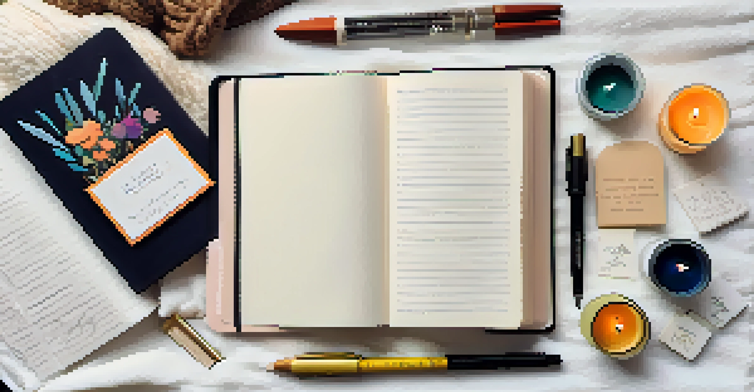 An inspirational flat lay of a journaling workspace with a beautiful journal, colorful pens, motivational quotes, and a calming candle on a soft blanket.