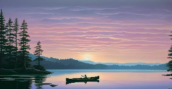 A tranquil twilight landscape with a calm lake and silhouetted pine trees, reflecting soft pink and purple hues in the sky.