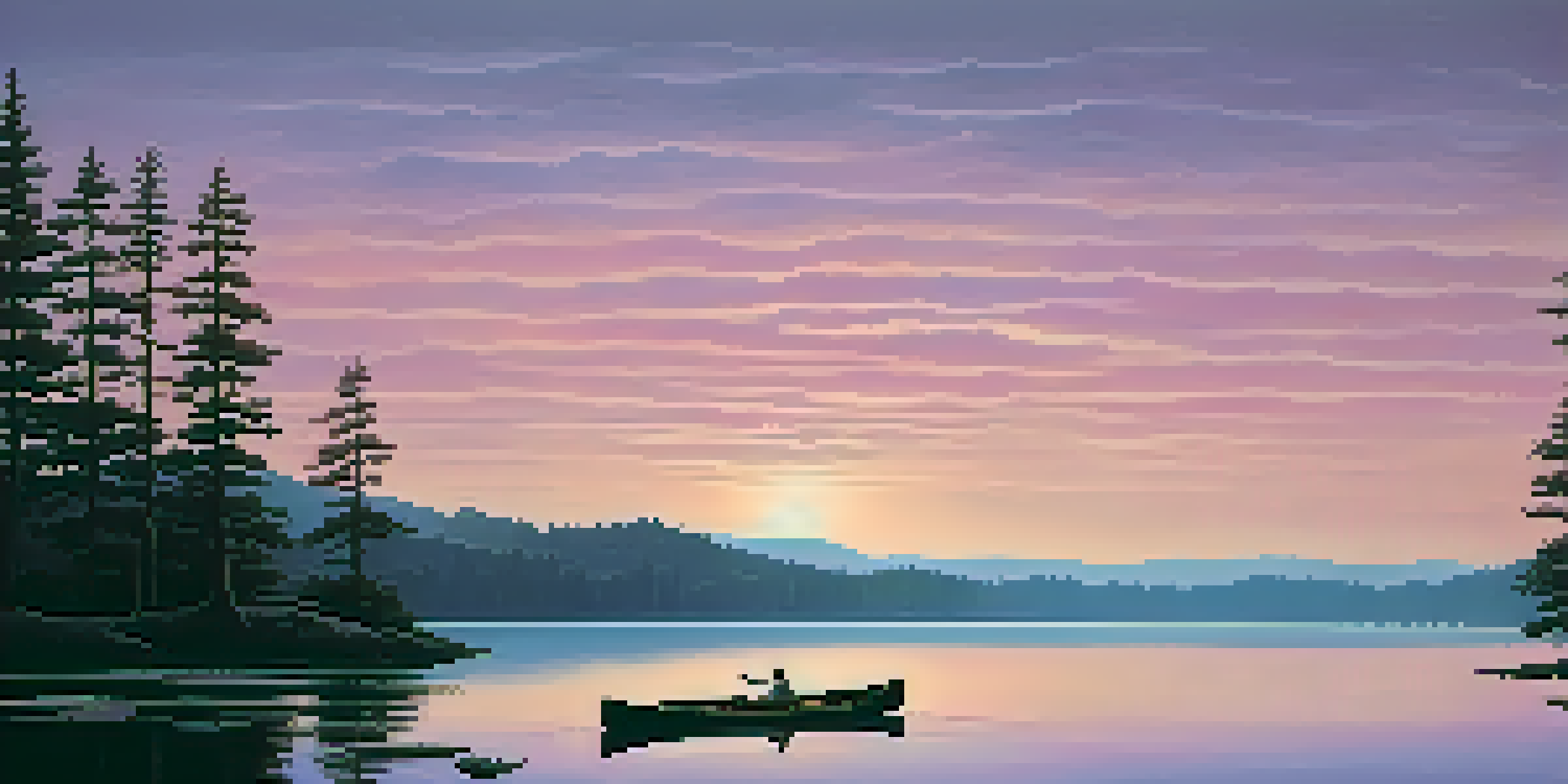 A tranquil twilight landscape with a calm lake and silhouetted pine trees, reflecting soft pink and purple hues in the sky.