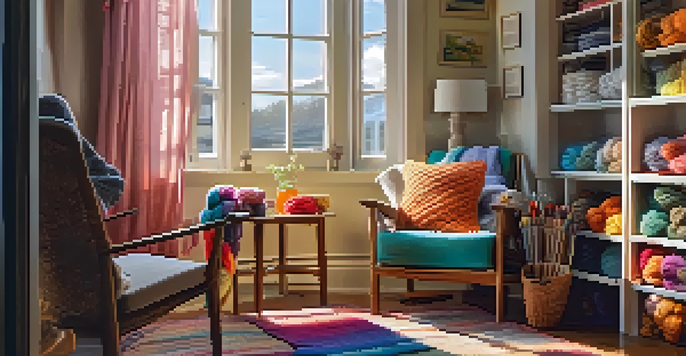 A cozy knitting nook with an armchair, a side table with tea, colorful yarns in baskets, and sunlight streaming through the window.