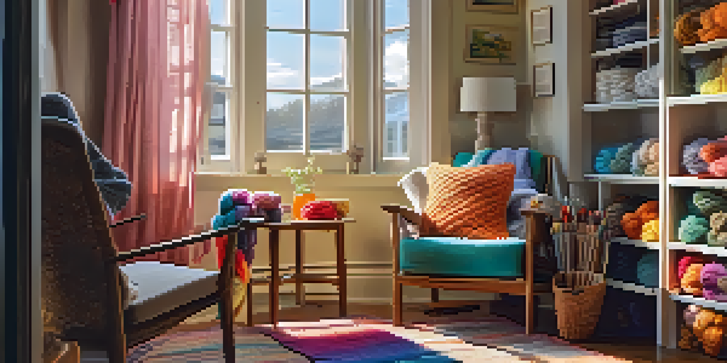 A cozy knitting nook with an armchair, a side table with tea, colorful yarns in baskets, and sunlight streaming through the window.