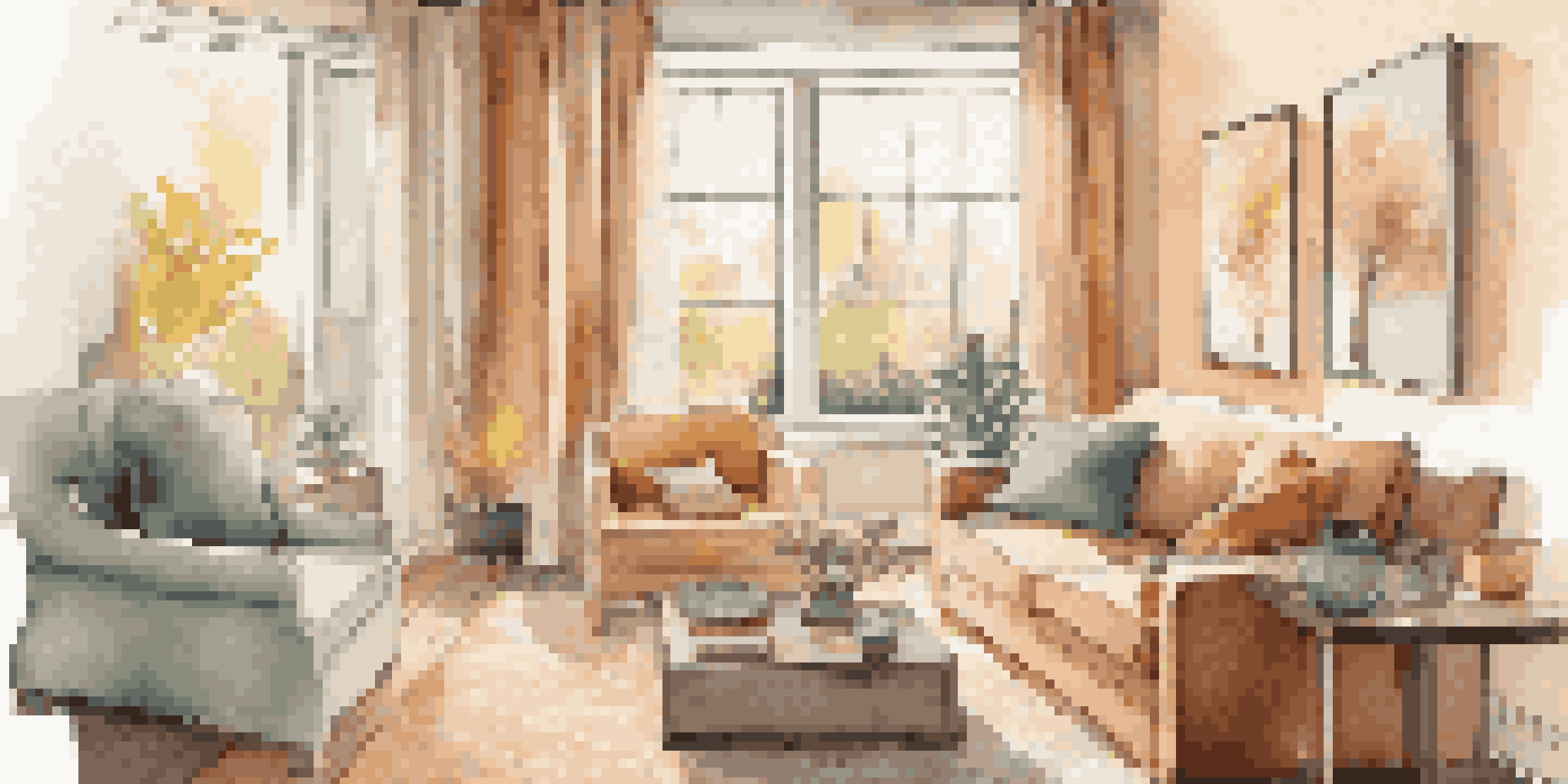 A warm living room with LED lighting and insulated curtains, featuring a smart thermostat and cozy decor.