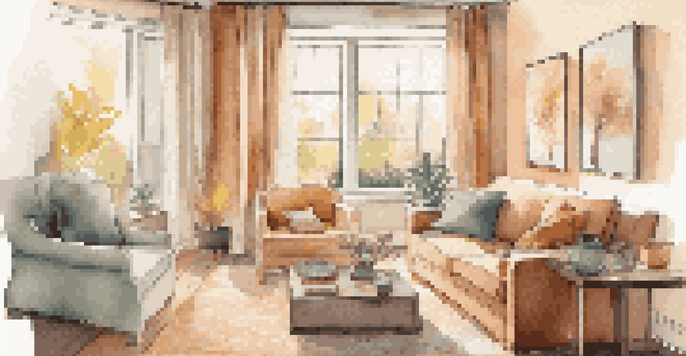 A warm living room with LED lighting and insulated curtains, featuring a smart thermostat and cozy decor.