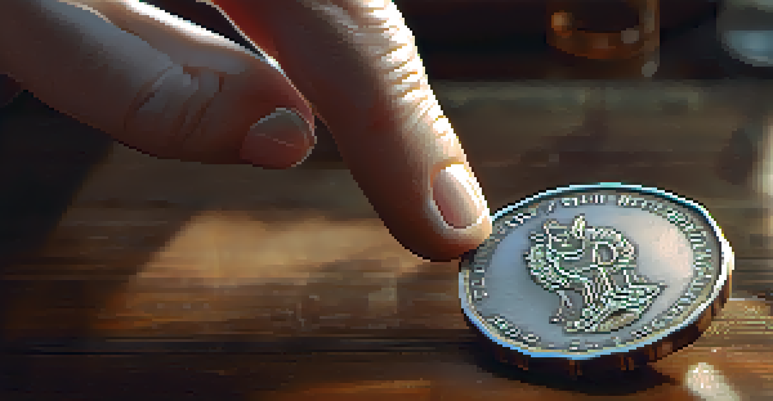 A close-up of a hand carefully holding a vintage coin with detailed engravings and a patina finish.