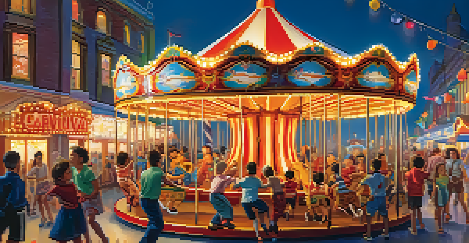 A vibrant miniature carnival scene with children on a carousel, illuminated by bright lights and filled with colorful rides.