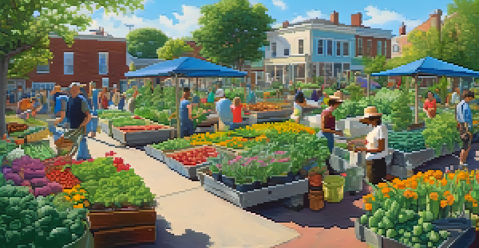 A lively community garden with diverse people tending to colorful flowers and vegetables, with a picnic table in the foreground.