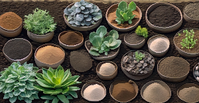A close-up view of different soil types in a garden, showing sandy, clay, silt, and loam soils with small plants growing in each section.