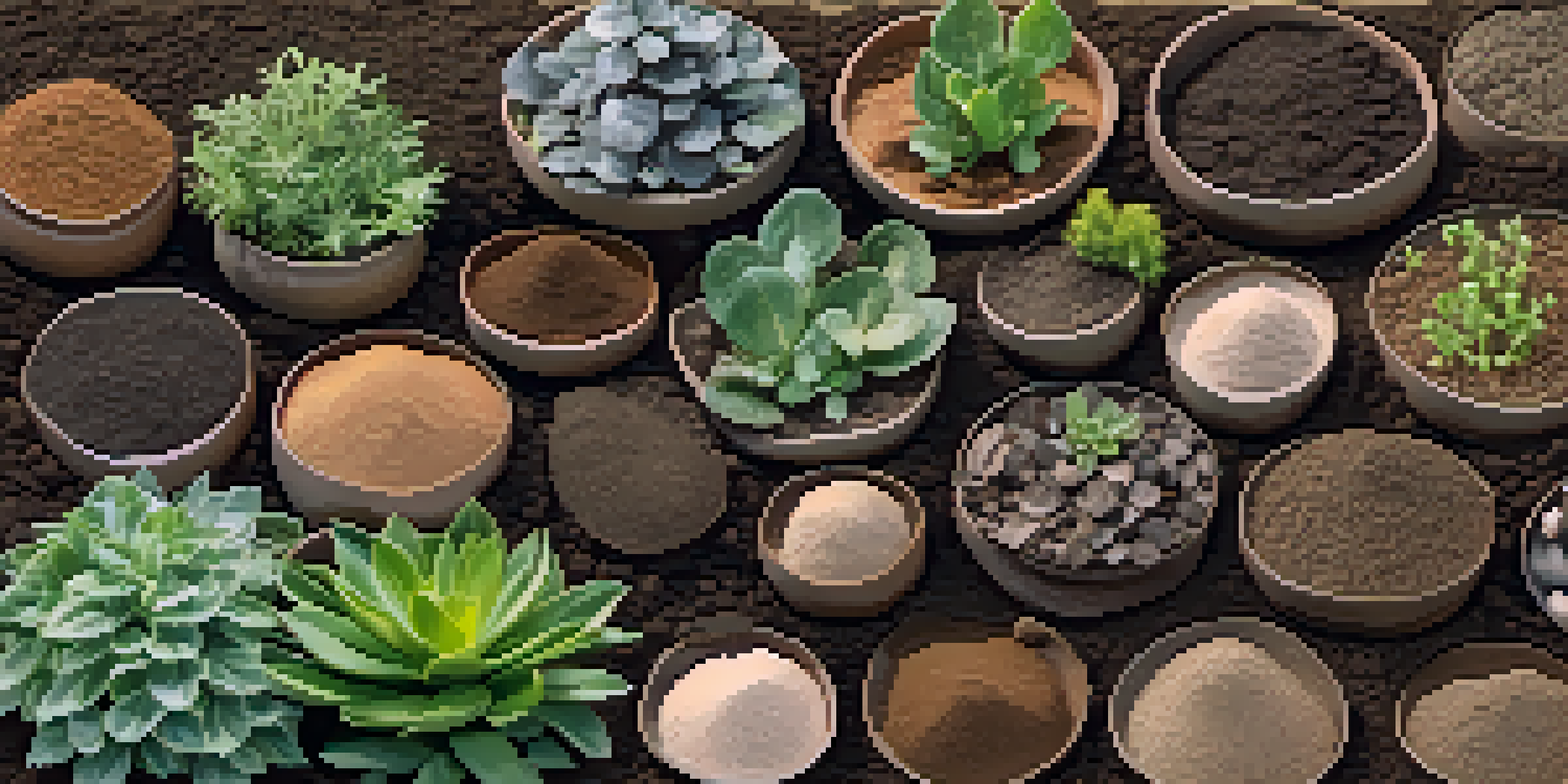 A close-up view of different soil types in a garden, showing sandy, clay, silt, and loam soils with small plants growing in each section.