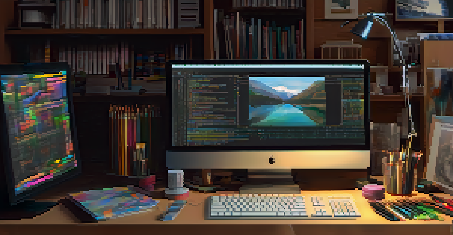 A close-up of a computer screen showing code and digital artwork, surrounded by traditional art supplies.