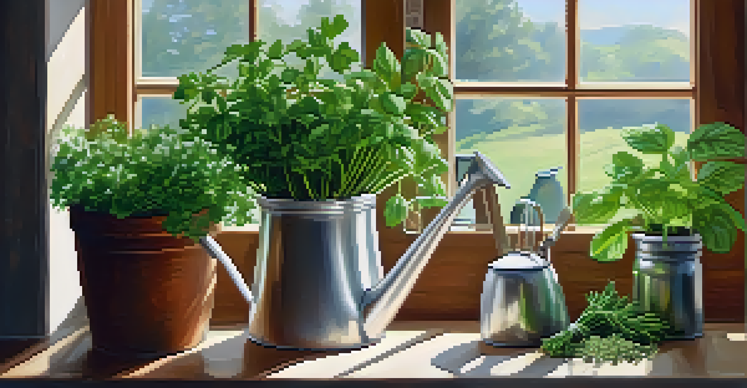 A kitchen windowsill featuring pots of fresh herbs in sunlight with a rustic table and gardening tools.