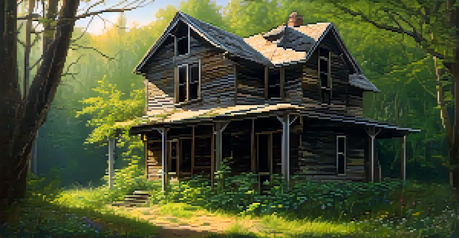 An old, abandoned house covered in vines in a shadowy forest, with sunlight peeking through the trees.