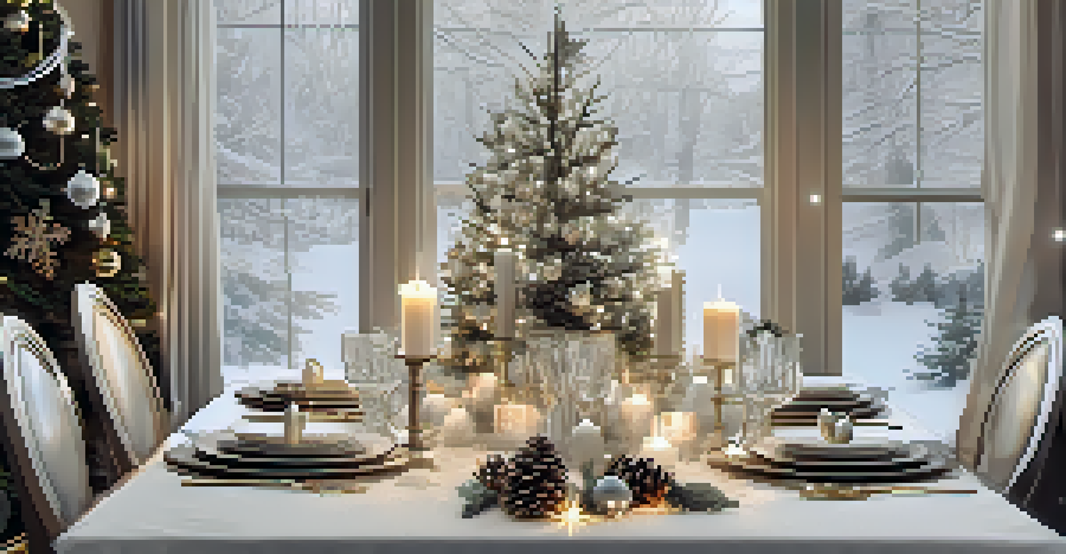 A magical winter dining table decorated with evergreen branches, pinecones, and twinkling lights, creating a festive ambiance.