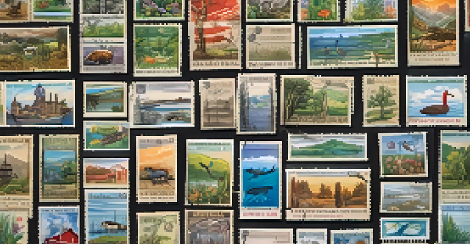 A close-up view of a well-organized stamp collection featuring regional stamps with local landmarks and flora, displayed in an album.