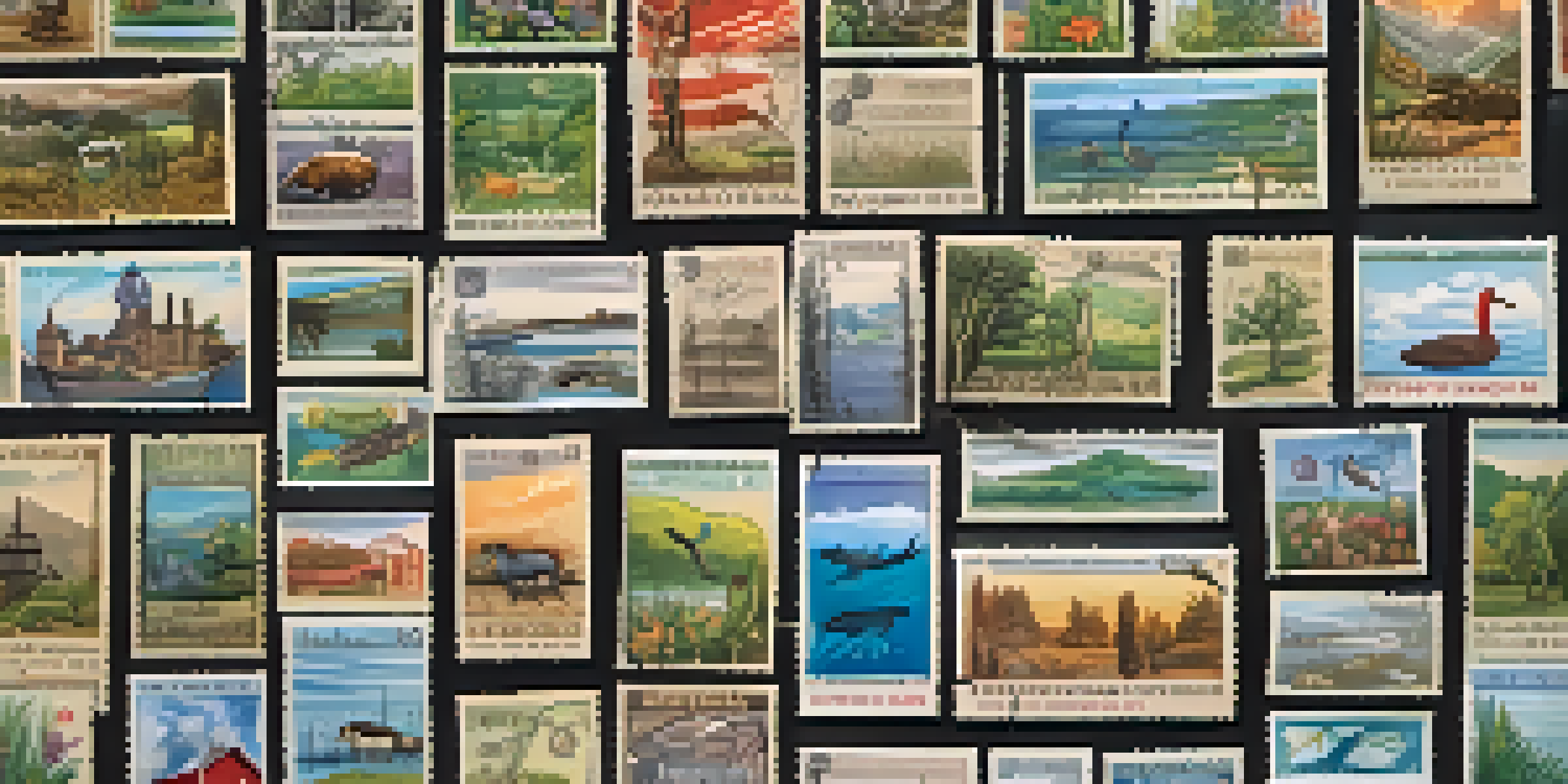 A close-up view of a well-organized stamp collection featuring regional stamps with local landmarks and flora, displayed in an album.