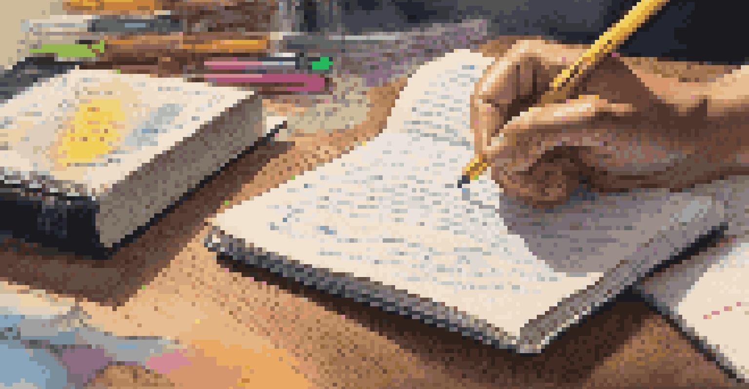 A close-up of a person annotating a book with colored pens on a wooden desk, highlighting a studious atmosphere.