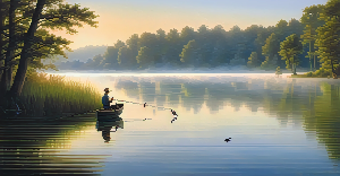 A peaceful lakeside scene at dawn with an angler in a small boat casting a line, surrounded by mist and lush trees.