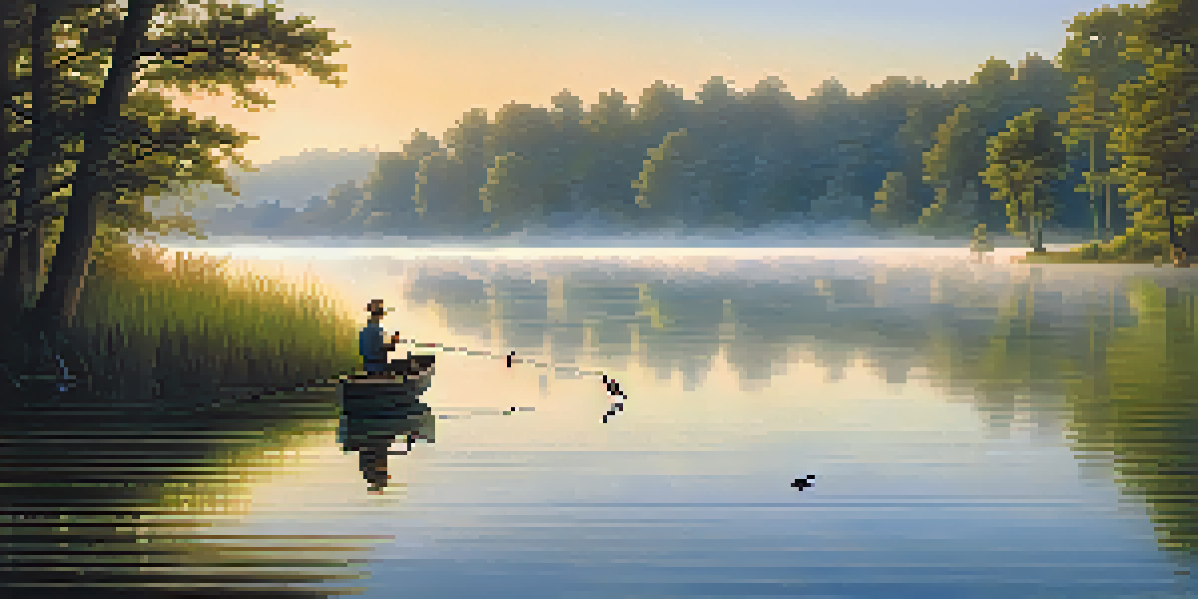 A peaceful lakeside scene at dawn with an angler in a small boat casting a line, surrounded by mist and lush trees.