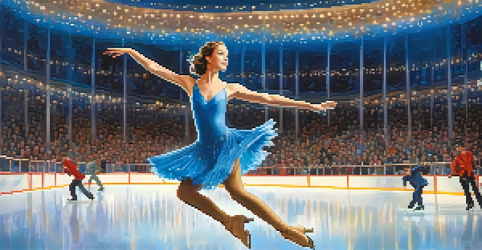 An ice skater in a blue costume performing a leap on an illuminated rink, with an engaged audience in the background.