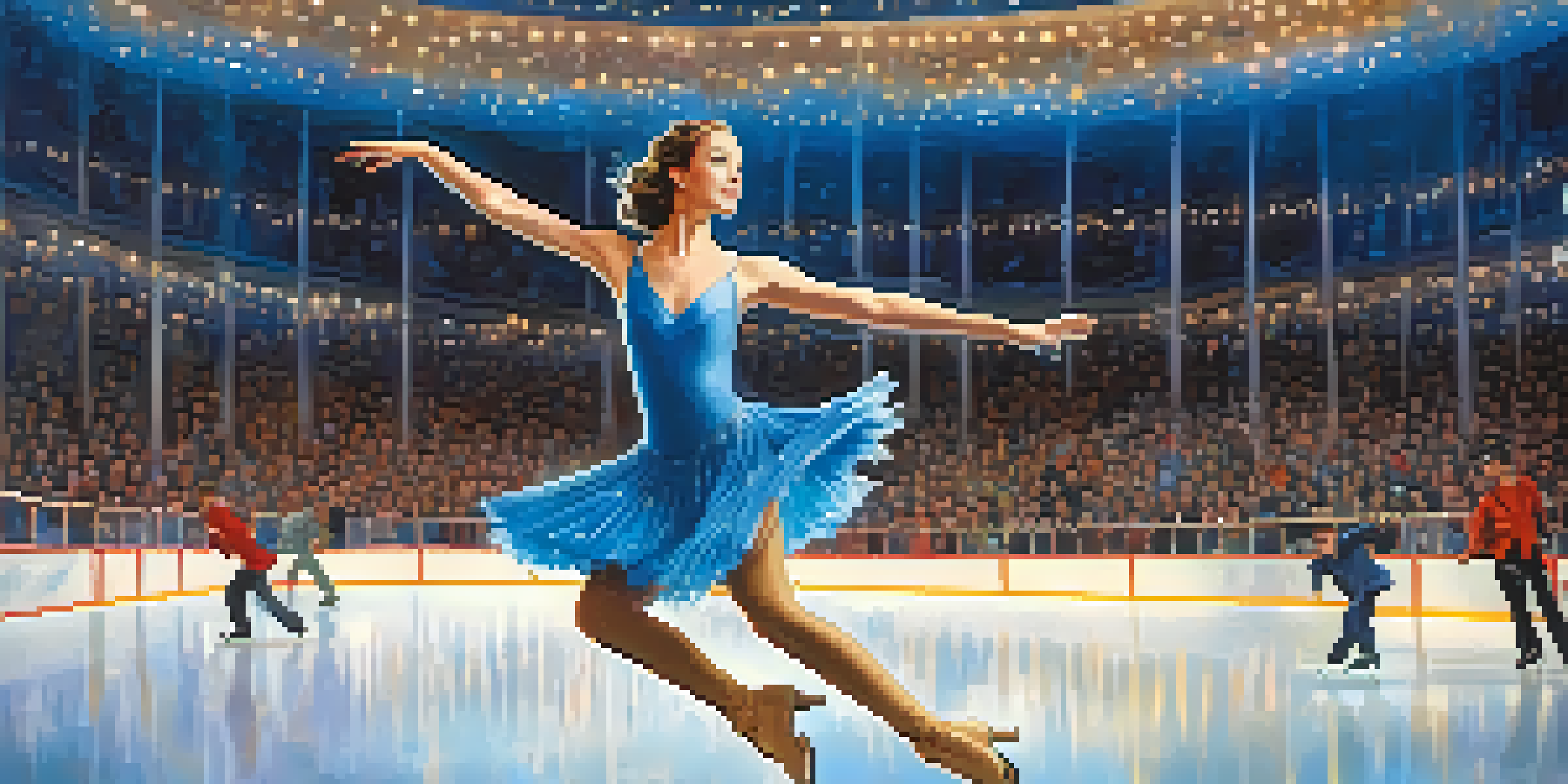 An ice skater in a blue costume performing a leap on an illuminated rink, with an engaged audience in the background.