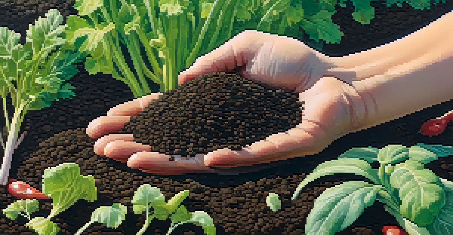 A close-up of a hand holding rich, dark soil with organic matter, with a thriving vegetable garden blurred in the background.