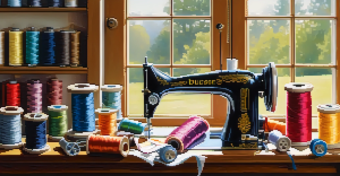 A sewing workspace with a vintage sewing machine, colorful threads, scissors, and a fabric swatch, illuminated by sunlight.