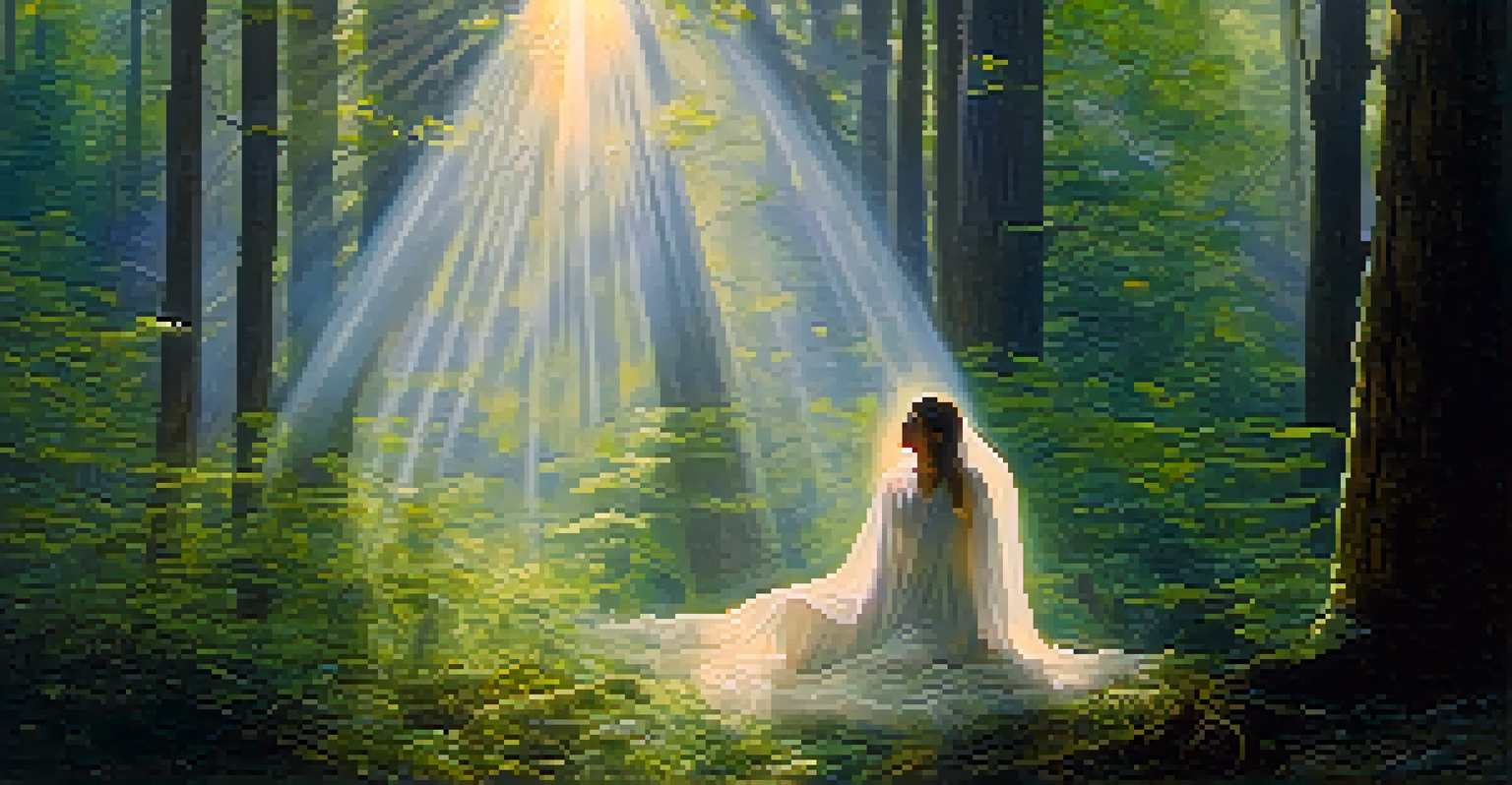 A glowing figure representing the astral body hovering above a physical body in a tranquil forest.