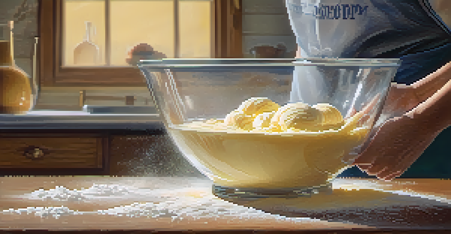 A close-up of pastry dough being mixed in a bowl, with flour and butter visible, illuminated by warm kitchen light.