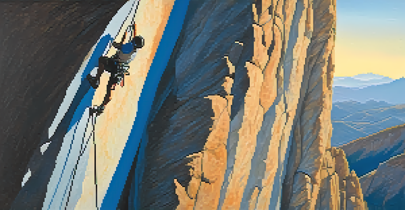 A climber mid-ascent on a challenging route, with a clear blue sky and fellow climbers watching in admiration.