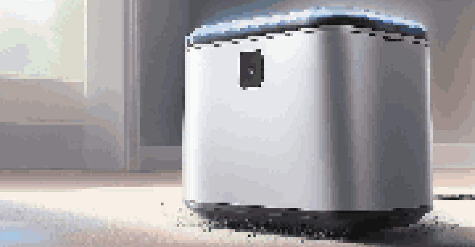 A close-up of a smart vacuum's dustbin being emptied, highlighting its modern design and digital display.